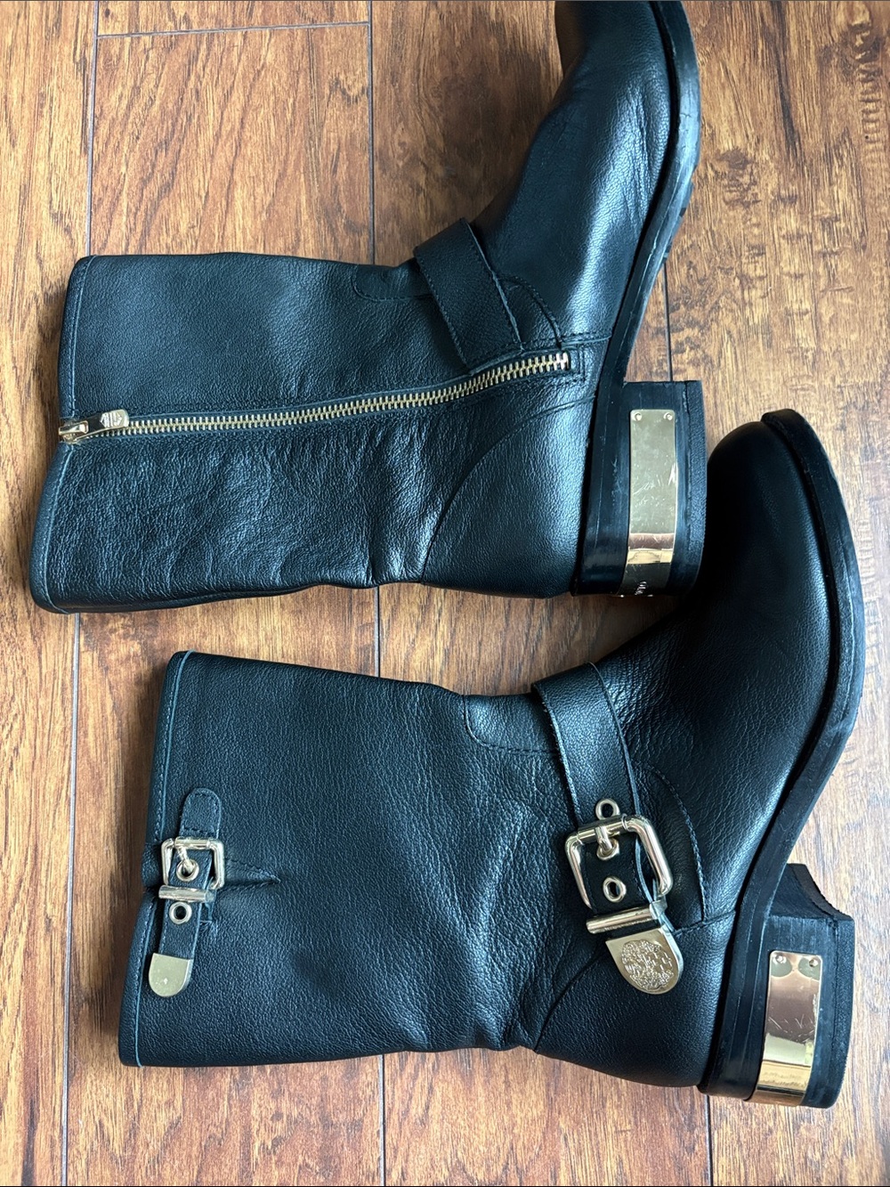 Vince Camuto Black Leather Mid-Calf Buckle Boots with Gold Accent